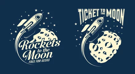 Mondplakate mit einer fliegenden Rakete. Retro-Vintage-Stempel-Stil. Vektor-Illustration. © Agor2012