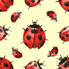 Watercolor pattern cute red ladybug, insects in watercolor technique is perfect for printing fabrics, Wallpaper, paper, etc-Illustration