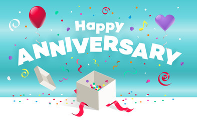 Happy anniversary party card template with colorful balloons, open gift and ribbons. Vector illustration with transparent shadows.