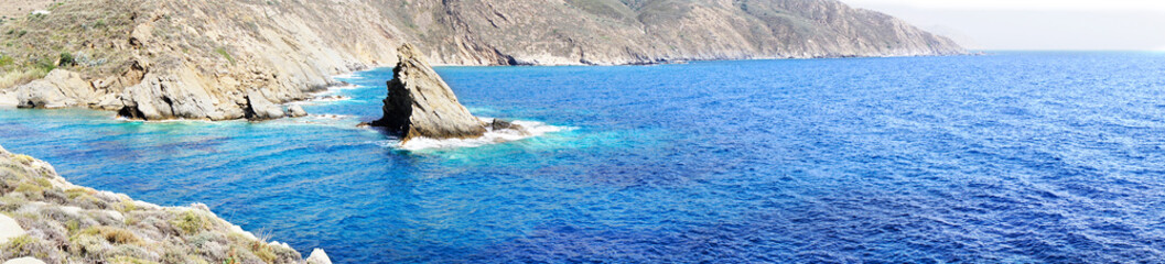 Fototapeta na wymiar Panoramic image of sea,summer,Rocky coastline of marine blue meditteranean sea