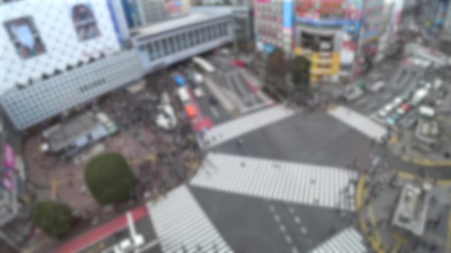 SHIBUYA,  TOKYO,  JAPAN - CIRCA MARCH 2019 : Aerial blurred view of SHIBUYA scramble crossing.  Busy crowded area in Tokyo.