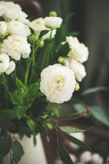 Spring white buttercup flowers in enamel jug on wooden vintage chair with curtain behind, close-up. Wedding bouquet, flower shop, Womens Day holiday or spring mood concept