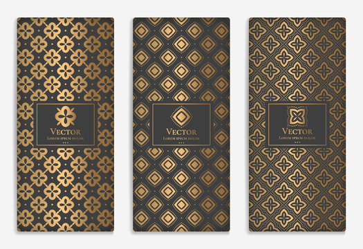Gold and black packaging design of chocolate bars. Vintage vector ornament template. Elegant, classic elements. Great for food, drink and other package types. Can be used for background and wallpaper.