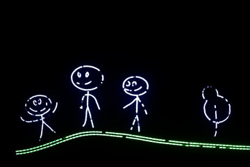 Cartoon parents with a child go for a walk in the woods. Cartoon Mapa, dad and baby are smiling. Drawn symbols or human figures.