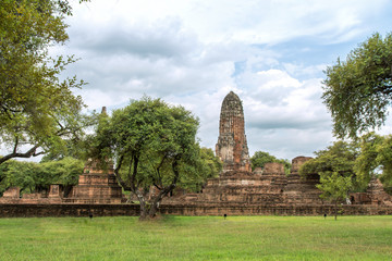 Sculpture Landscape of Ancient old pagoda is Famous Landmark old History Buddhist temple,Beautiful Wat Chai Watthanaram temple in ayutthaya Thailand
