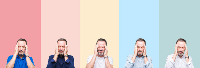Collage of senior hoary handsome man over colorful stripes isolated background with hand on head for pain in head because stress. Suffering migraine.