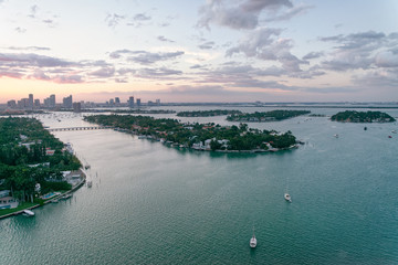 Hibiscus Island and Palm Island in Miami. Aerial view from helicopter at sunset