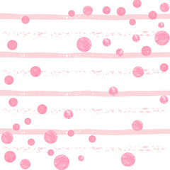 Wedding glitter confetti with dots on pink stripes. Random falling sequins with metallic shimmer. Design with pink wedding glitter for greeting card, bridal shower and save the date invite.