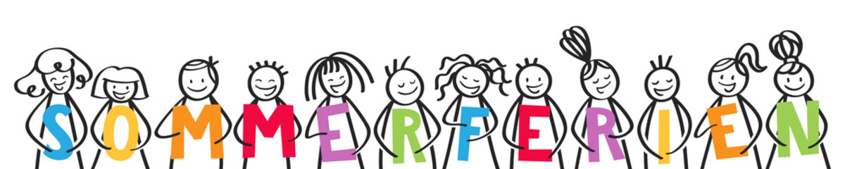 SOMMERFERIEN Reihe von Strichmännchen halten bunte Buchstaben