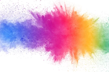Fototapeten Bunte Pulverexplosion auf weißem Hintergrund. Abstrakte pastellfarbene Staubpartikel spritzen. © Pattadis