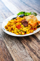 Prawn with rice - closeup of prawn with rice - traditionnal spanish food paella