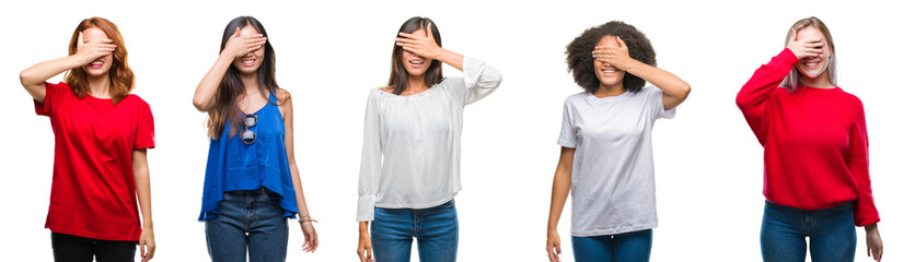 Collage of group of beautiful Chinese, asian, african american, caucasian women over isolated background smiling and laughing with hand on face covering eyes for surprise. Blind concept.