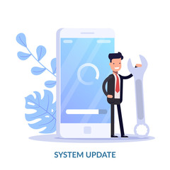 System update vector illustration concept. Cartoon people update operation system can use for, landing page, template, ui, web, mobile app, poster, banner, flyer. Characters design.
