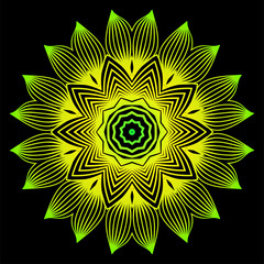 Sacred Oriental Mandala. Color Floral Ornament. Abstract Shapes In Asian Style. Vector Illustration. Black green yellow color