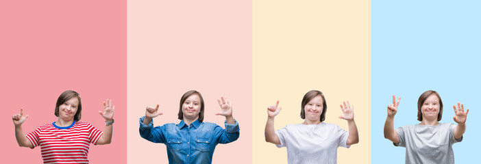 Collage of down syndrome woman over colorful stripes isolated background showing and pointing up with fingers number seven while smiling confident and happy.