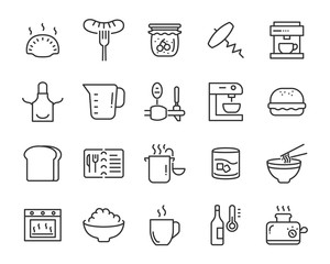 set of food icons, such as kitchen ware, tool, menu, glass