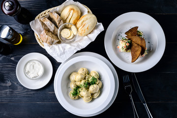 dumplings on the table in the restaurant, menu for the cafe