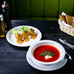 borsch soup in a cafe, lunch menu