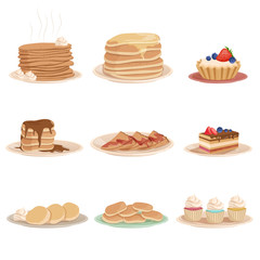 Set with various sweet desserts stack of pancakes, cupcakes, cake, fritters and tartelette. Tasty breakfast. Flat vector design for pastry shop, recipe book or menu