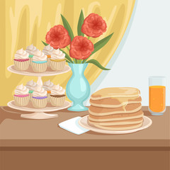 Tasty breakfast on wooden table. Plate with stack of pancakes, glass of fresh orange juice, stand with cupcakes, vase with beautiful red flower. Flat vector design