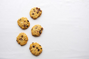 Group of oats and cranberry cookies on white background. Copy space
