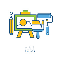 Abstract logo in line style with easel for drawing, pencil, brush and roller. Concept of hobby. Original graphic design for art studio. Colorful vector illustration
