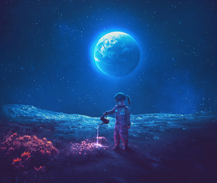 Girl pouring water on moon flowers