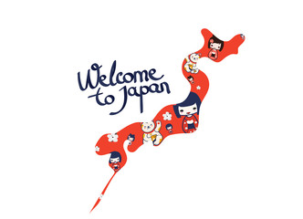 Welcome to Japan icon or banner template with lettering, Japan map silhouette and Cute Japanese girls and kittens.