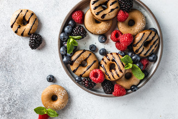 Homemade cinnamon and chocolate mini donuts on the plate with berries and mint on the light grey...