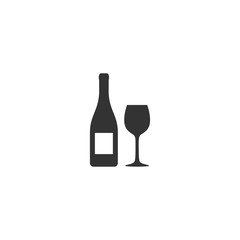 Wine bottle and glass simple vector icon set. Wine glass and bottle black isolated silhouette icon.