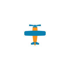 Retro airplane with airscrew colorful vector cartoon. Airplane vintage style in blue and orange icon.