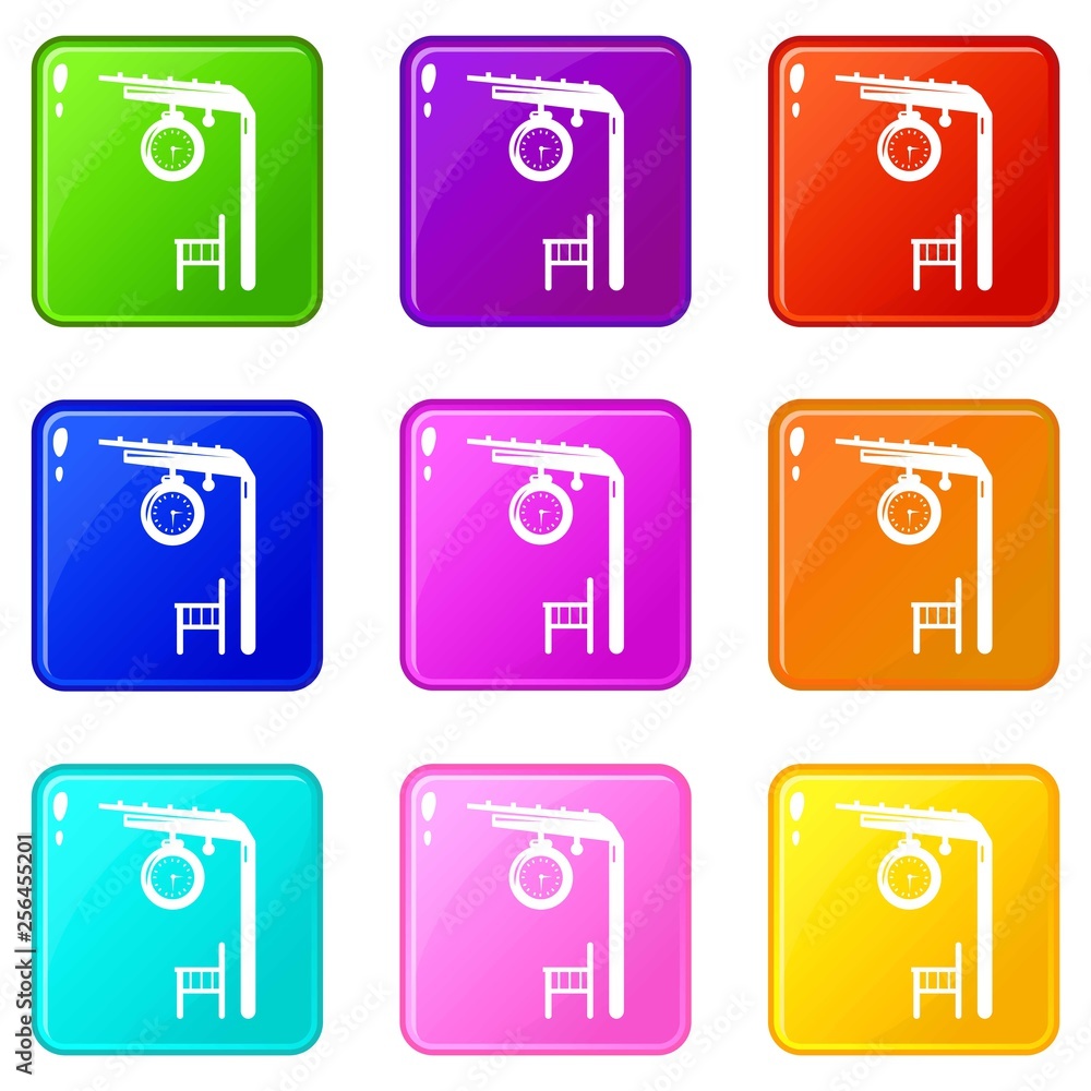 Poster platform railway icons set 9 color collection isolated on white for any design