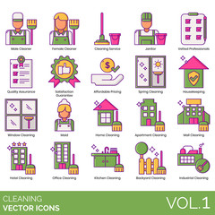 Cleaning icons including male, female cleaner, service, janitor, vetted professional, quality assurance, satisfaction guarantee, affordable pricing, spring, housekeeping, window, maid, home, apartment