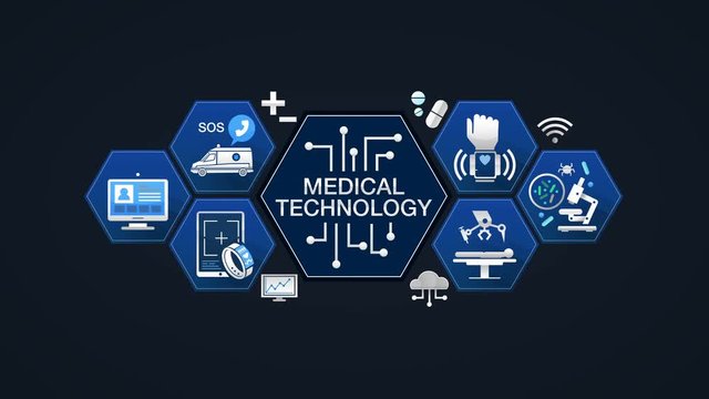 'MEDICAL TECHNOLOGY' and various future medical vector icon in hexagon, 4k animation.