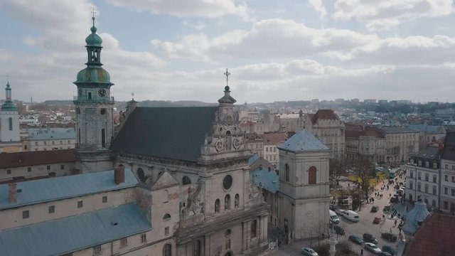Aerial City Lviv, Ukraine. European City. Popular areas of the city. Church