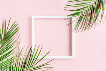 Fototapeta na wymiar White frame and tropical palm leaves Phoenix on pink background. Flat lay, top view