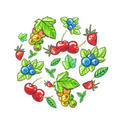Watercolor template with berries and leaves isolated on white background