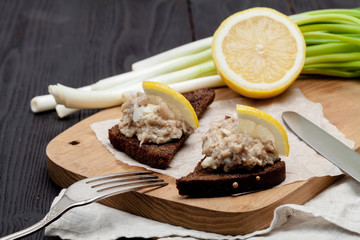 minced herring fillet with apple and egg on toasted rye bread, homemade traditional Jewish cuisine...