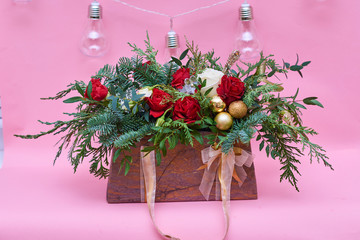 Christmas bouquet with red roses and balls