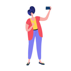 Man pose, smile and taking selfie for social media holding camera in hand with finger up. Gadget party vector illustration