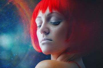 Deep space beauty, fantastic female portrait with universe as backgrounds