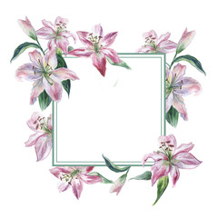 Frame with white and pink watercolor lilys