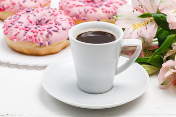Coffee with glazed donuts, light breakfast snack