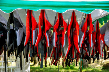 Life jackets drying in the shed.