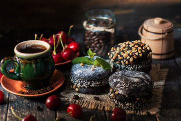 different types Brownie Cookies and table setting Sweet biscuits in dark. Homemade pastry 