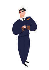 Professional pilot. Man in standing pose, in cap and uniform the pilot of aircraft, with the hands crossed on breast. Character illustration isolated on white background. People vector illustration.