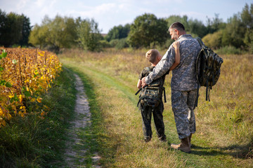 Son meets father of soldier. Meeting a soldier. Military service.