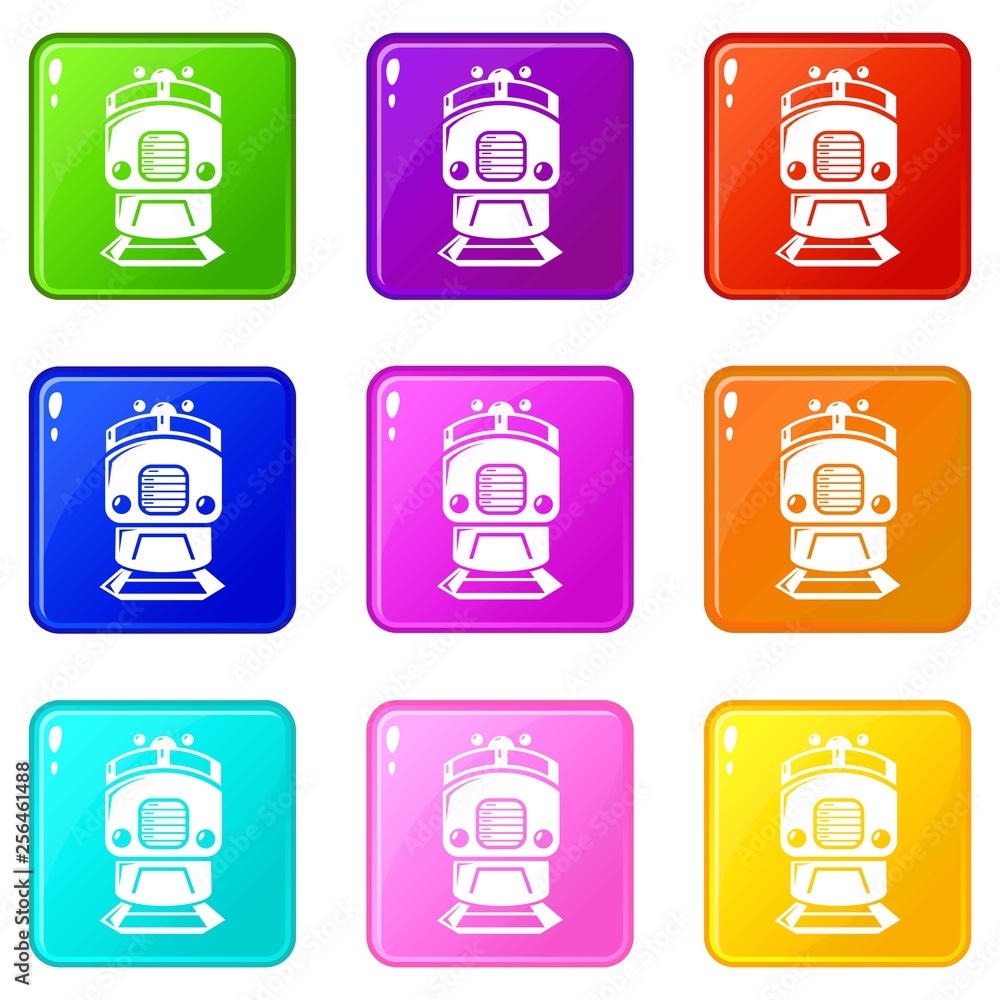 Poster train icons set 9 color collection isolated on white for any design
