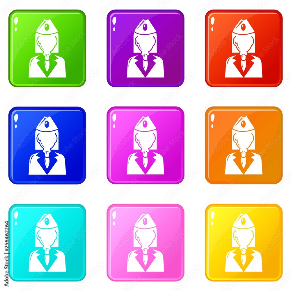 Poster train conductor icons set 9 color collection isolated on white for any design