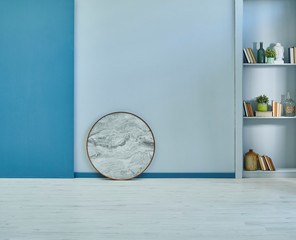 Decorative room, wall and shelf concept. Grey and blue wall.